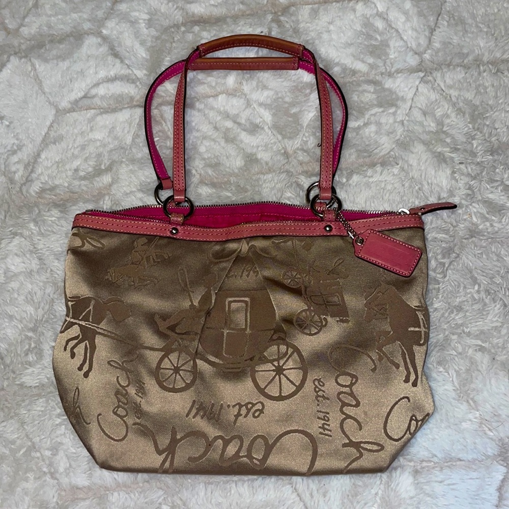 COACH Gold Satin Horse Carriage Tote with Pink Trim